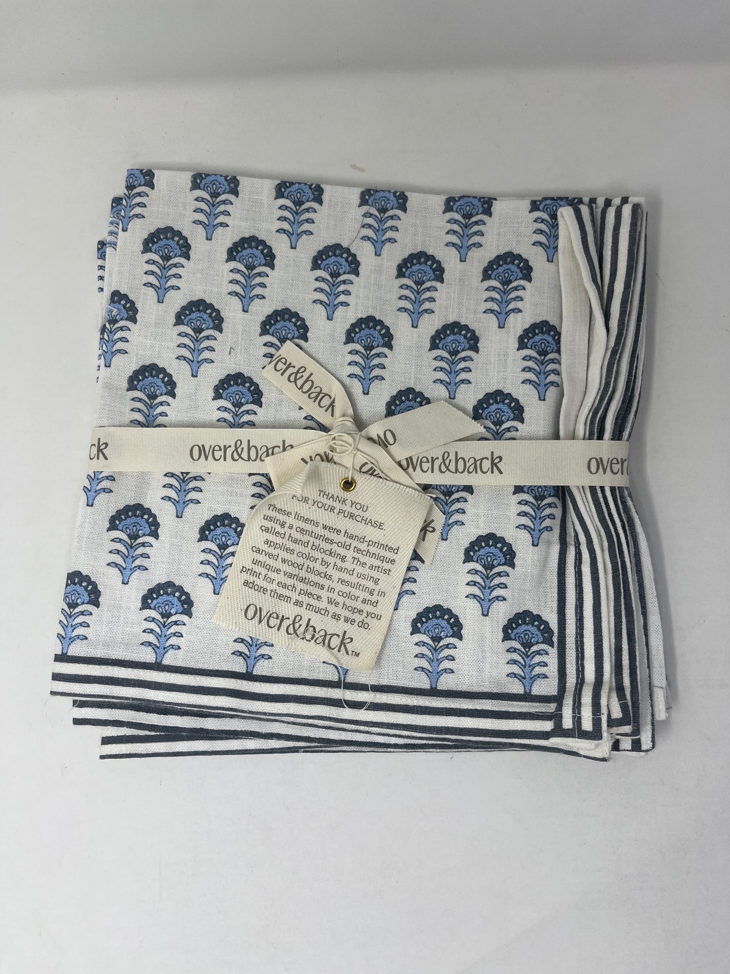 over&back Hand-Blocked Printed Cotton Cloth Napkins - Blue Flower (Set of 4)