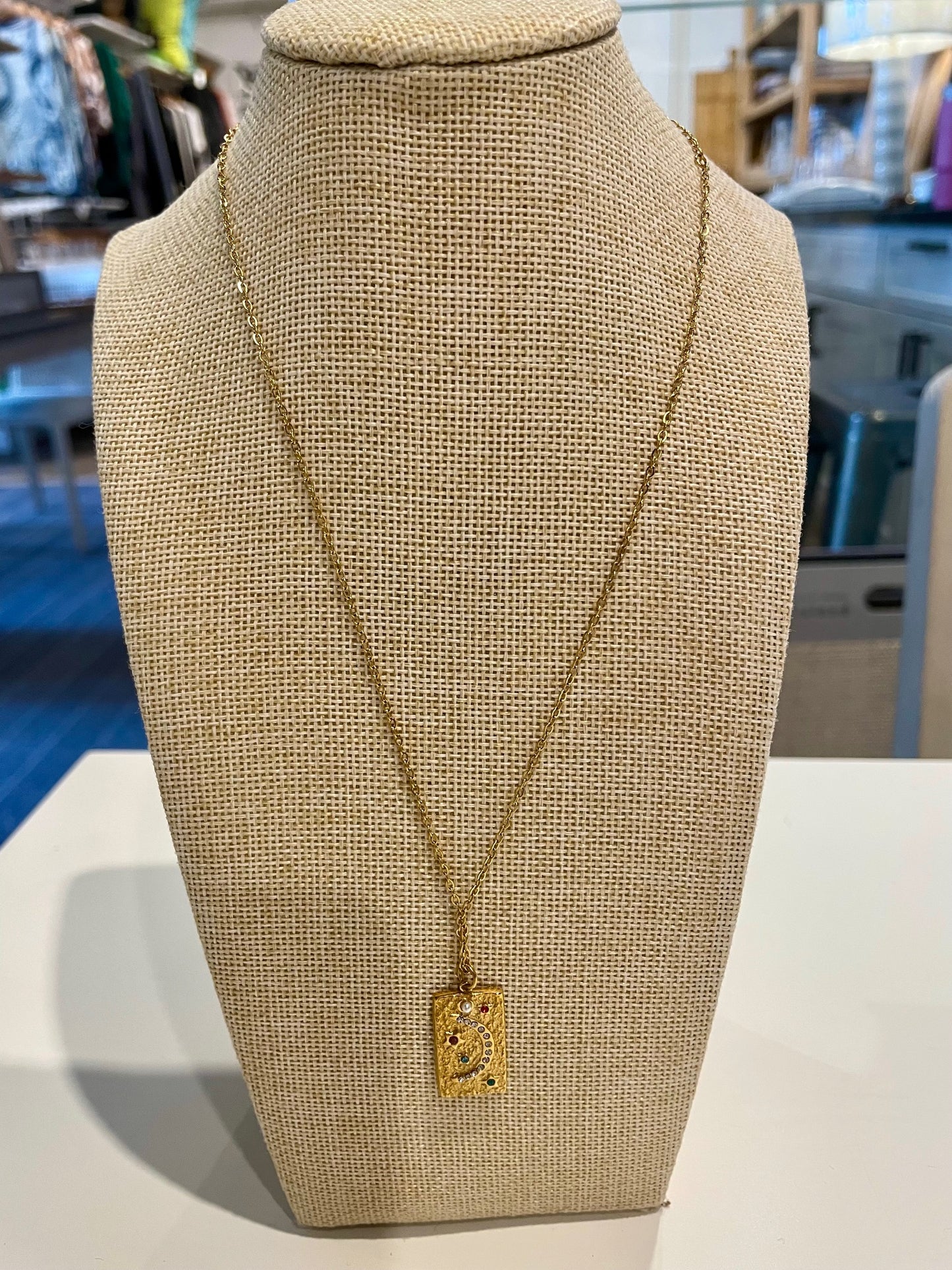 Moon & Stars Rectangular Pendant Necklace