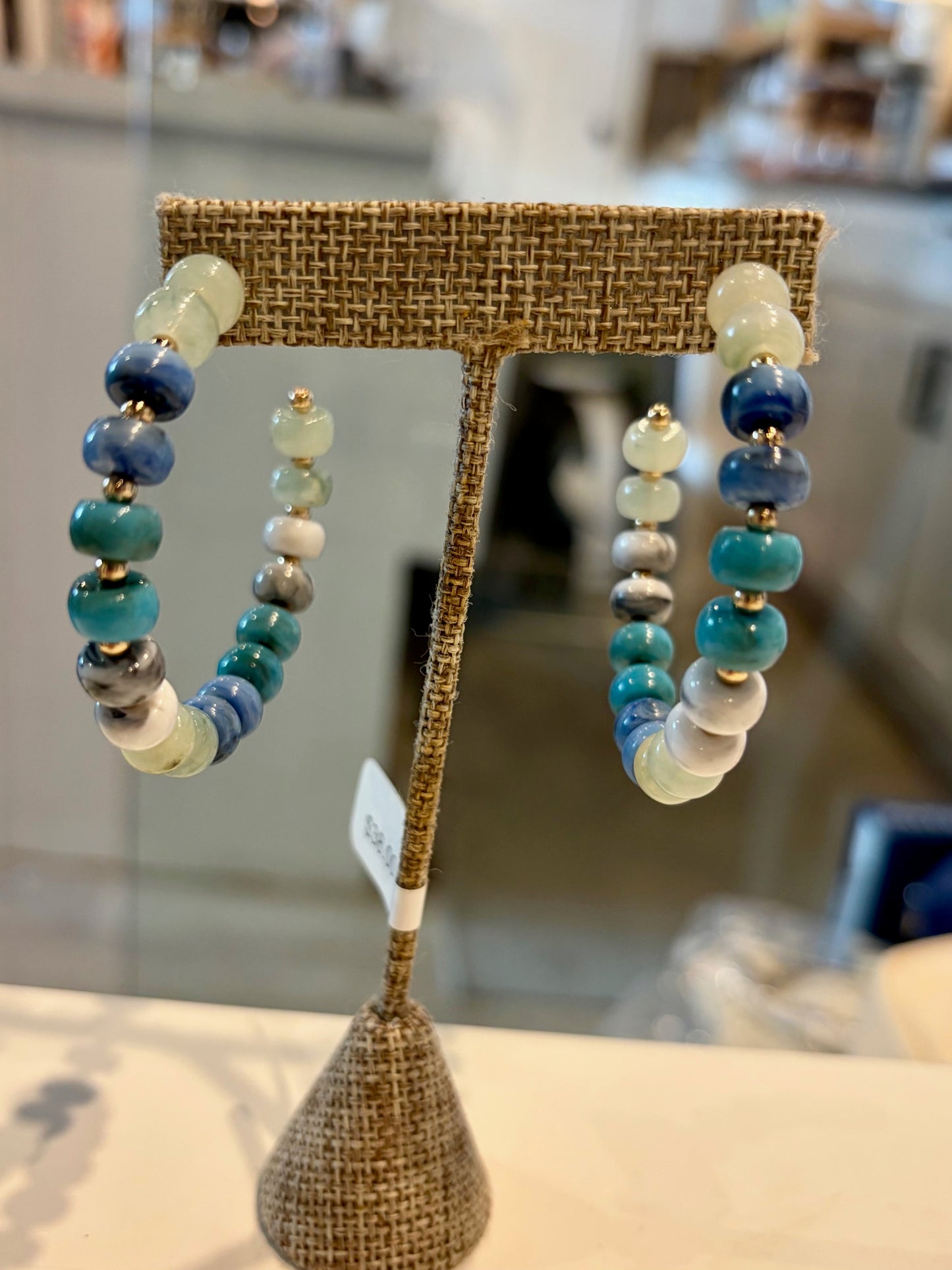 Large Blue Beaded Hoop Earrings