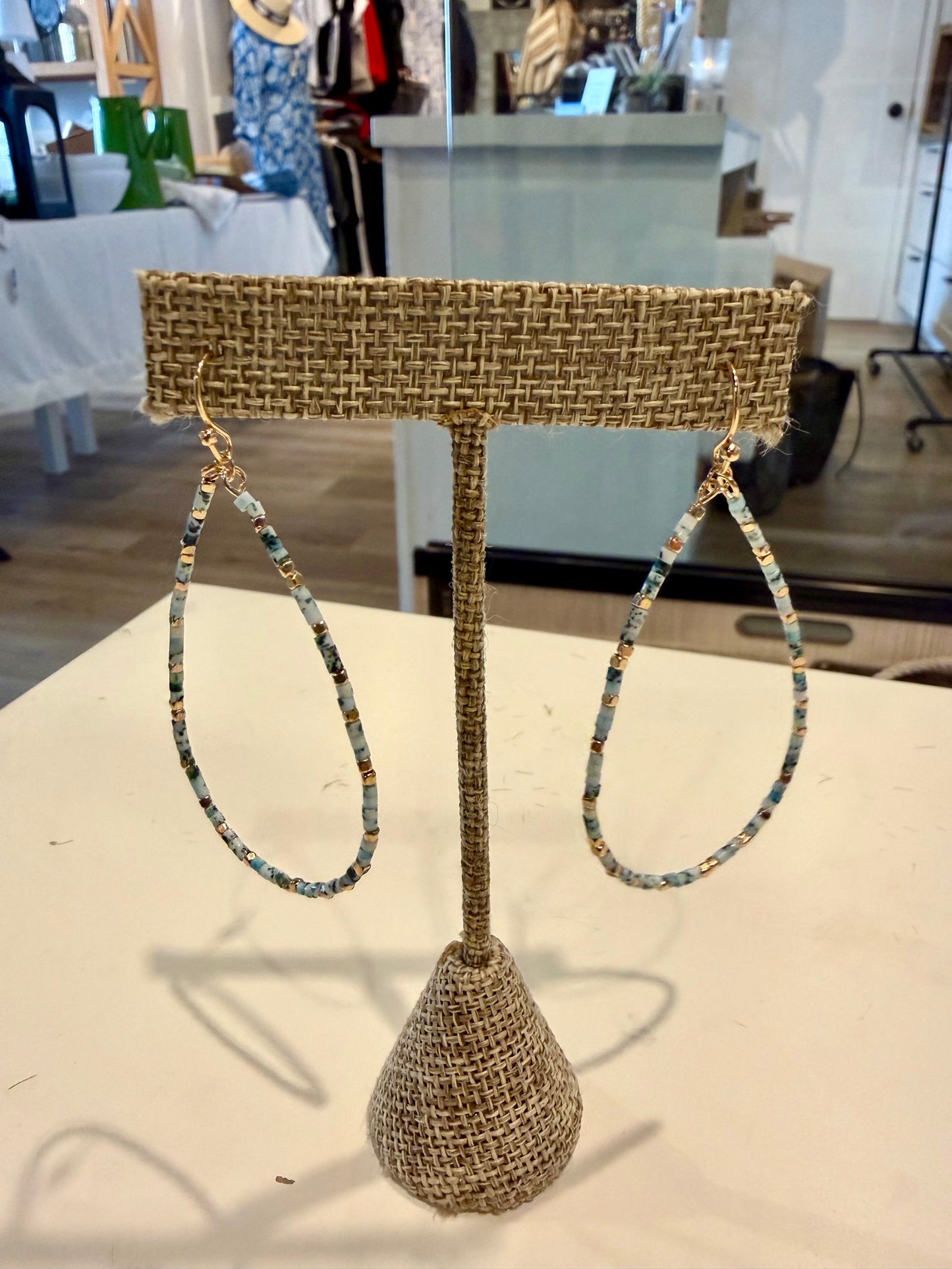 Blue & Gold Beaded Teardrop Earrings