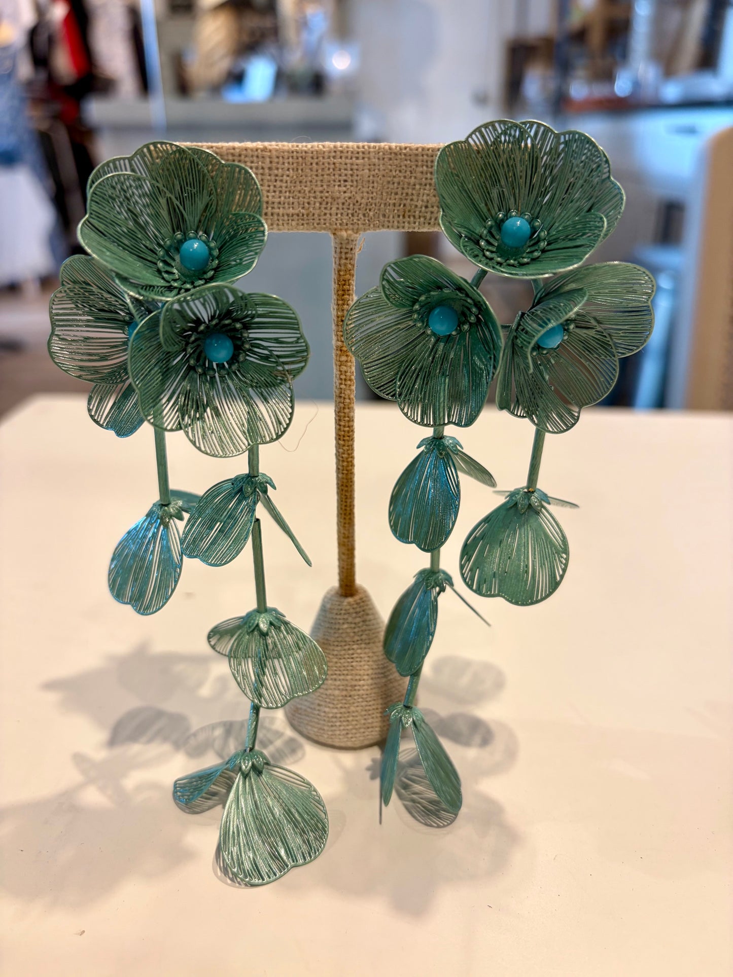 Cascading Teal Flowers Statement Earrings