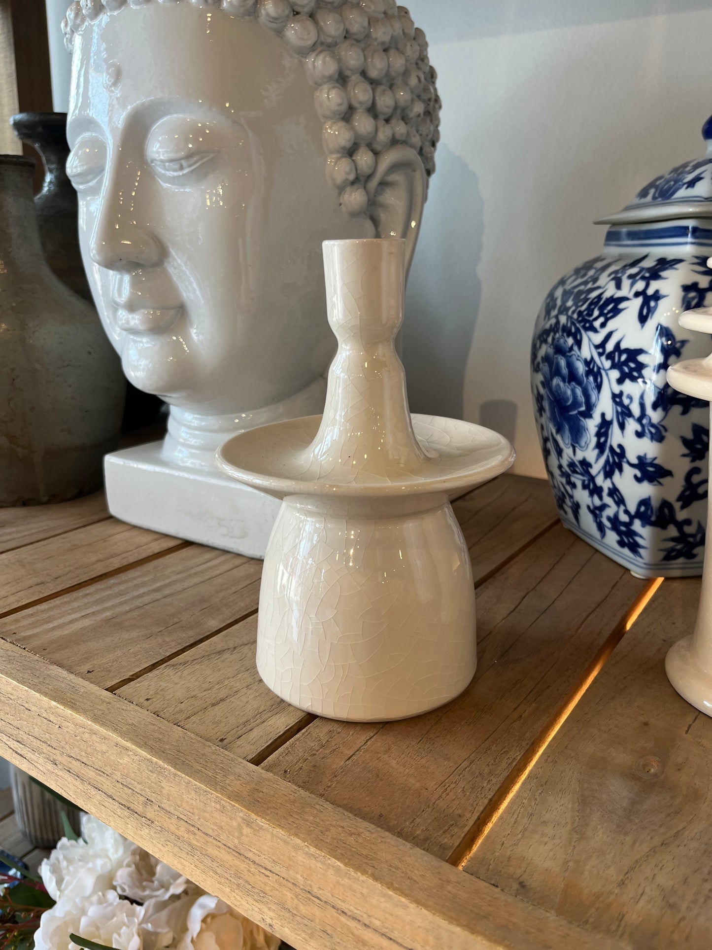 Cream Crackle Shorter Candle Holder