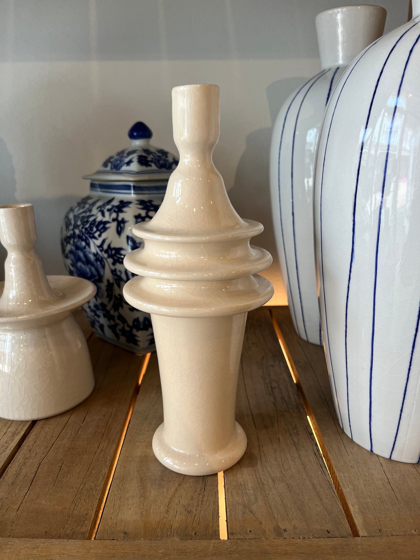Cream Crackle Taller Candle Holder