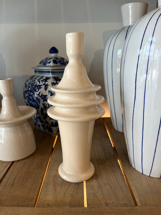 Cream Crackle Taller Candle Holder