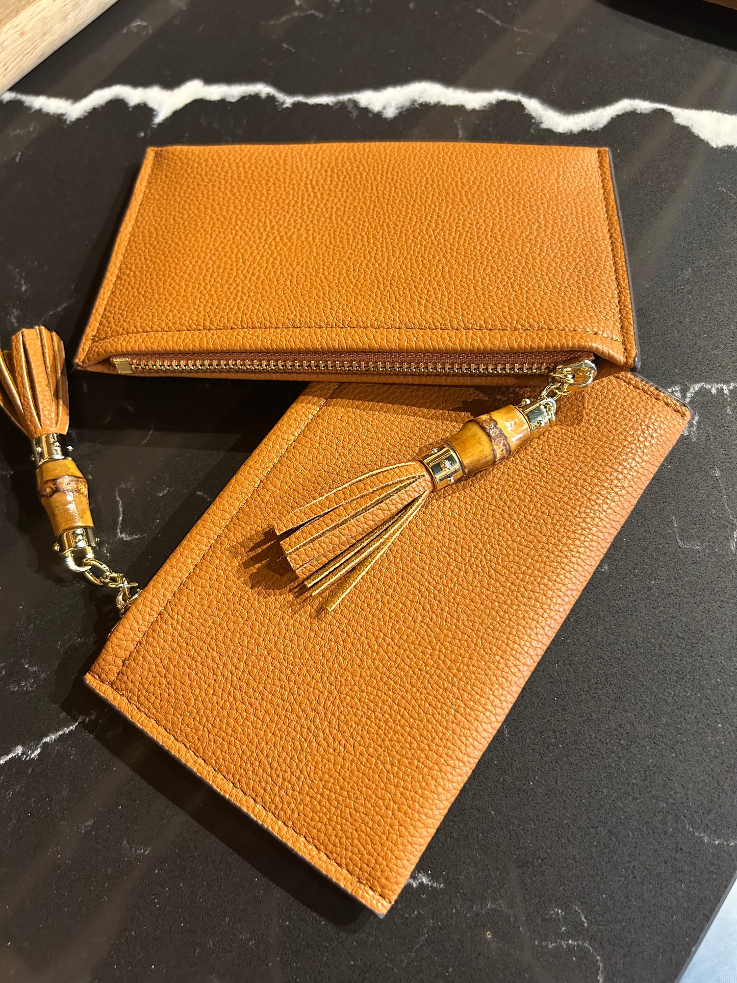 Cognac Leather Wallet with Bamboo Tassel