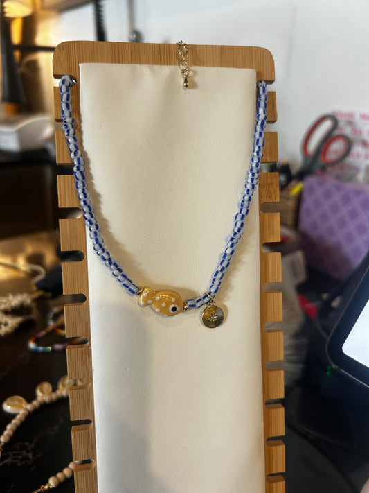 Blue and white beaded fish necklace