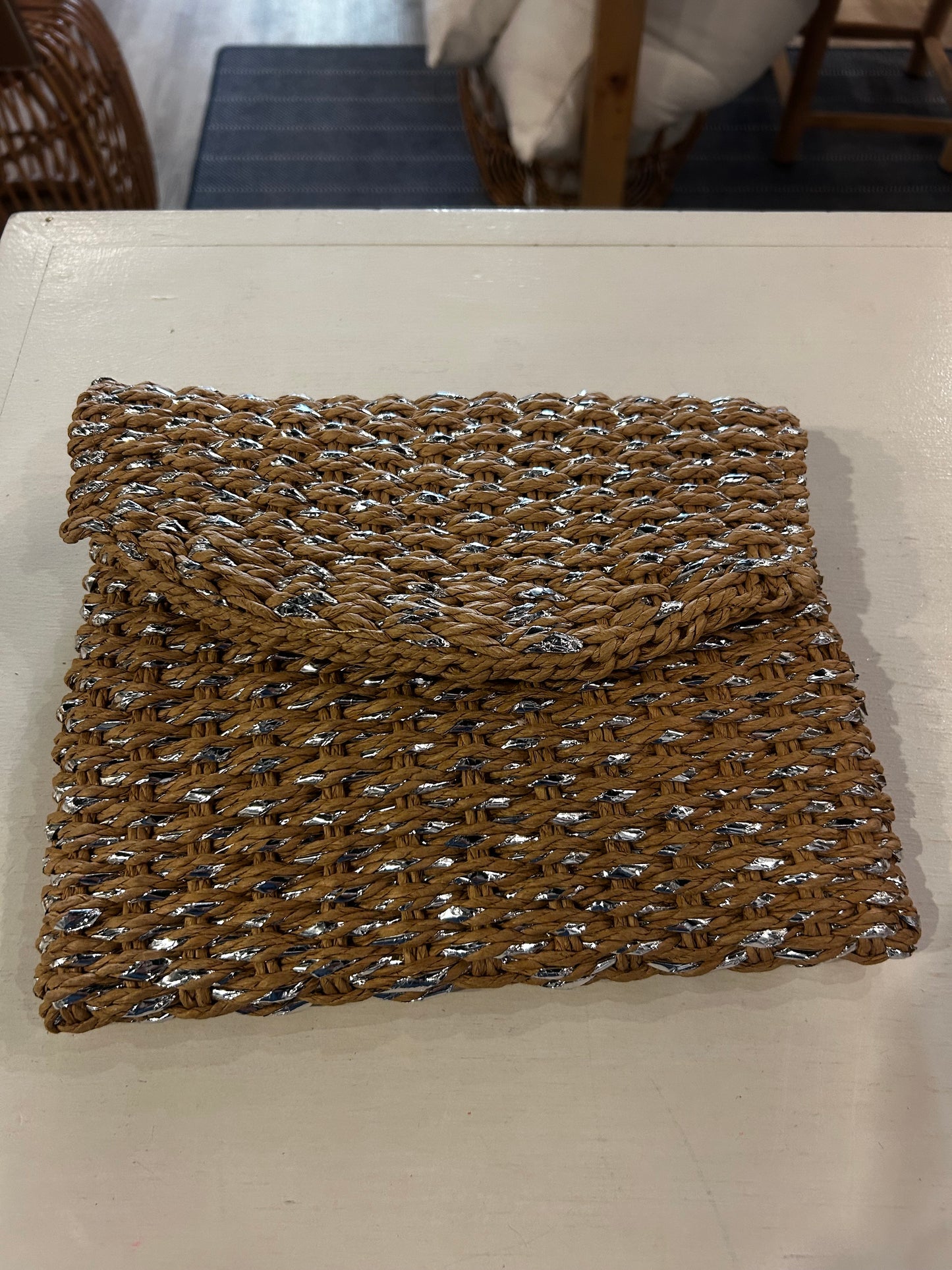 Silver & Beige Straw Clutch