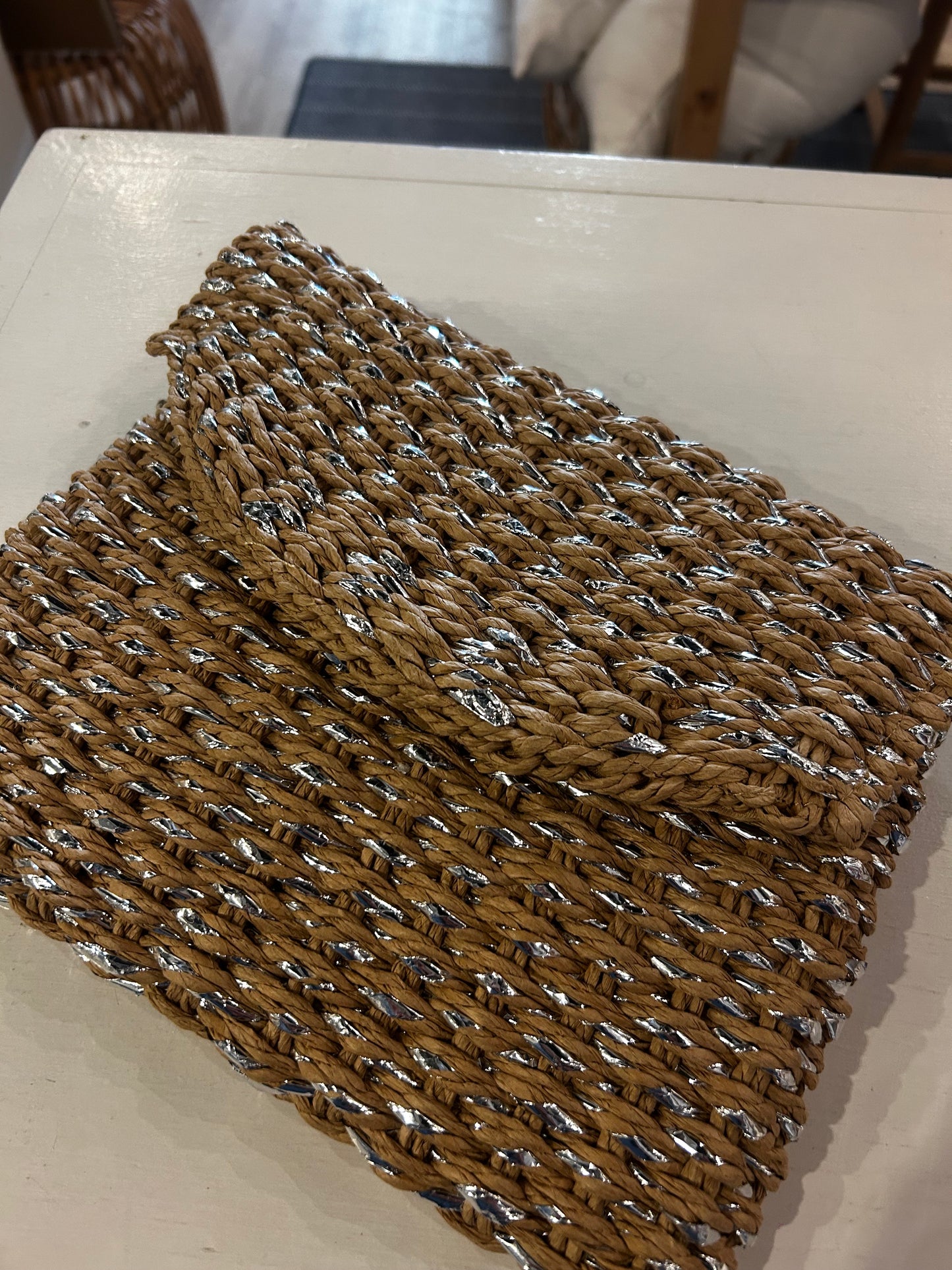 Silver & Beige Straw Clutch