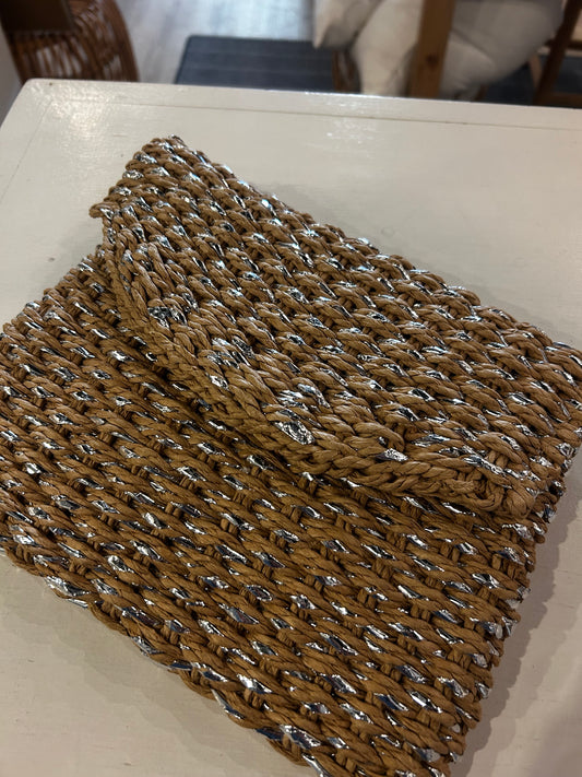 Silver & Beige Straw Clutch