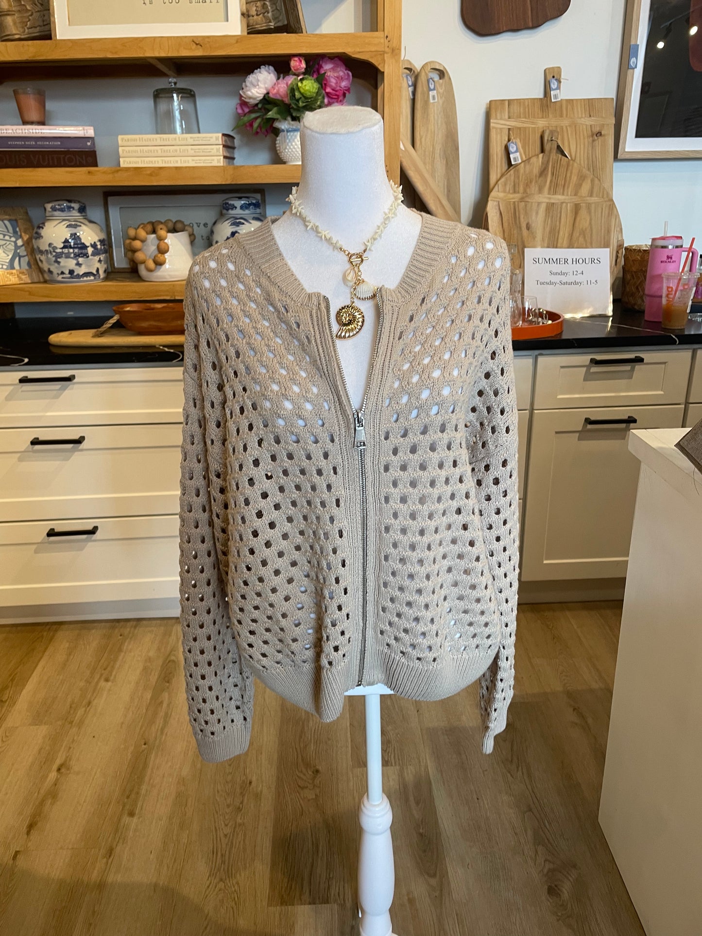 Beige Hollow Out Zip-Up Sweater