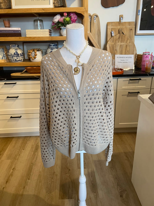 Beige Hollow Out Zip-Up Sweater