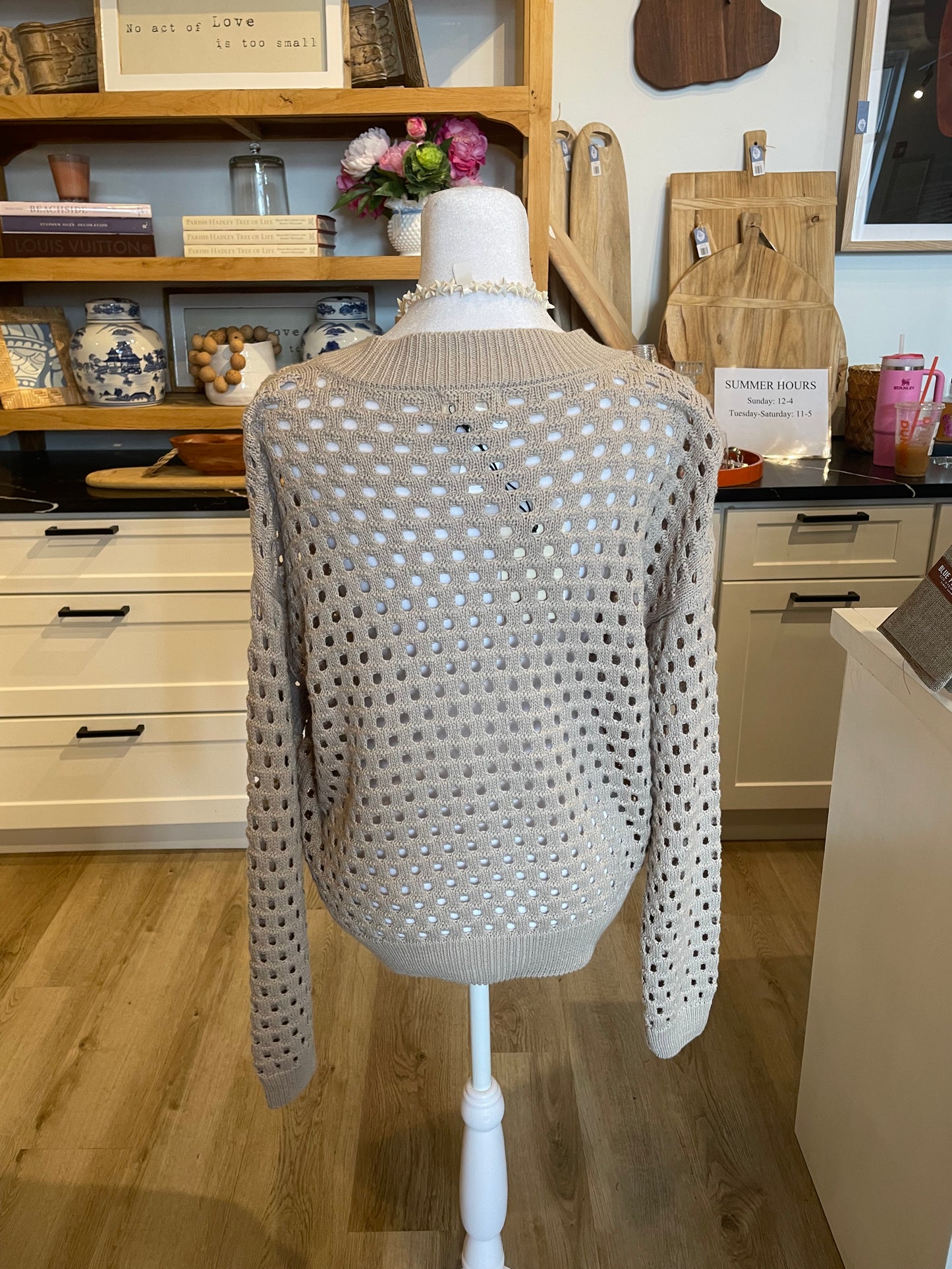 Beige Hollow Out Zip-Up Sweater