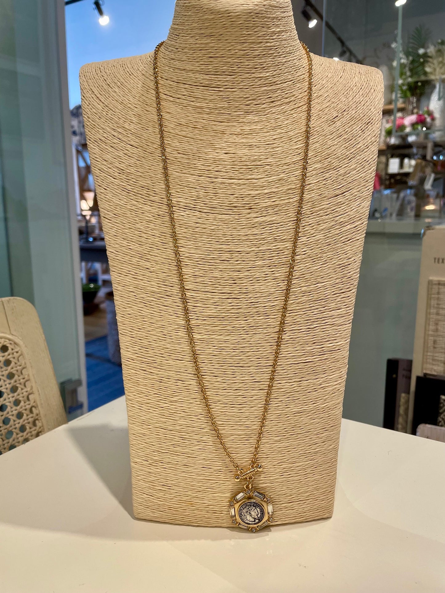 Long Coin Pendant Gold Necklace