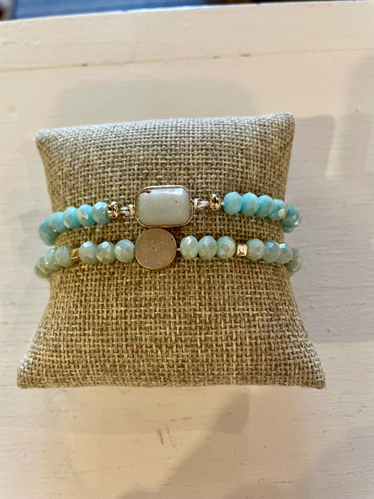Light Blue Small Beaded Bracelets Set of 2