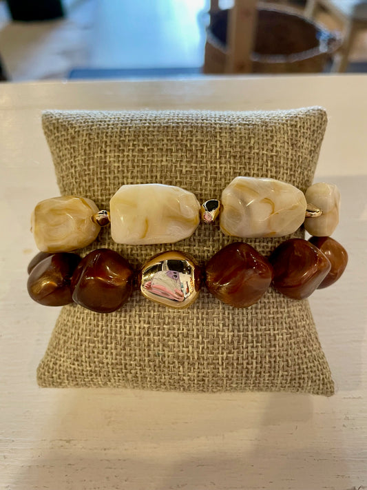 Chunky Brown & Cream Beaded Bracelets Set of 2