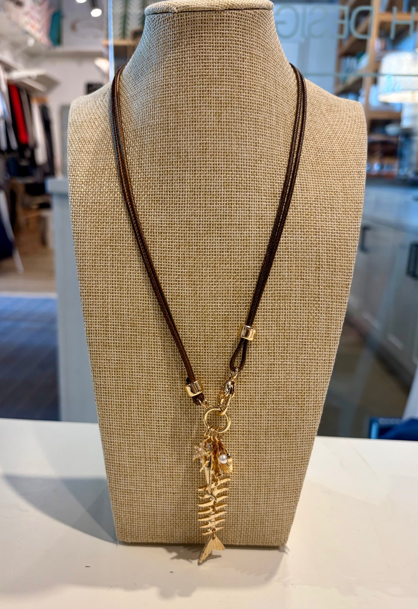 Fish Charms on Brown Leather Necklace