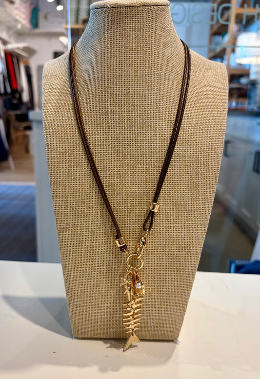 Fish Charms on Brown Leather Necklace