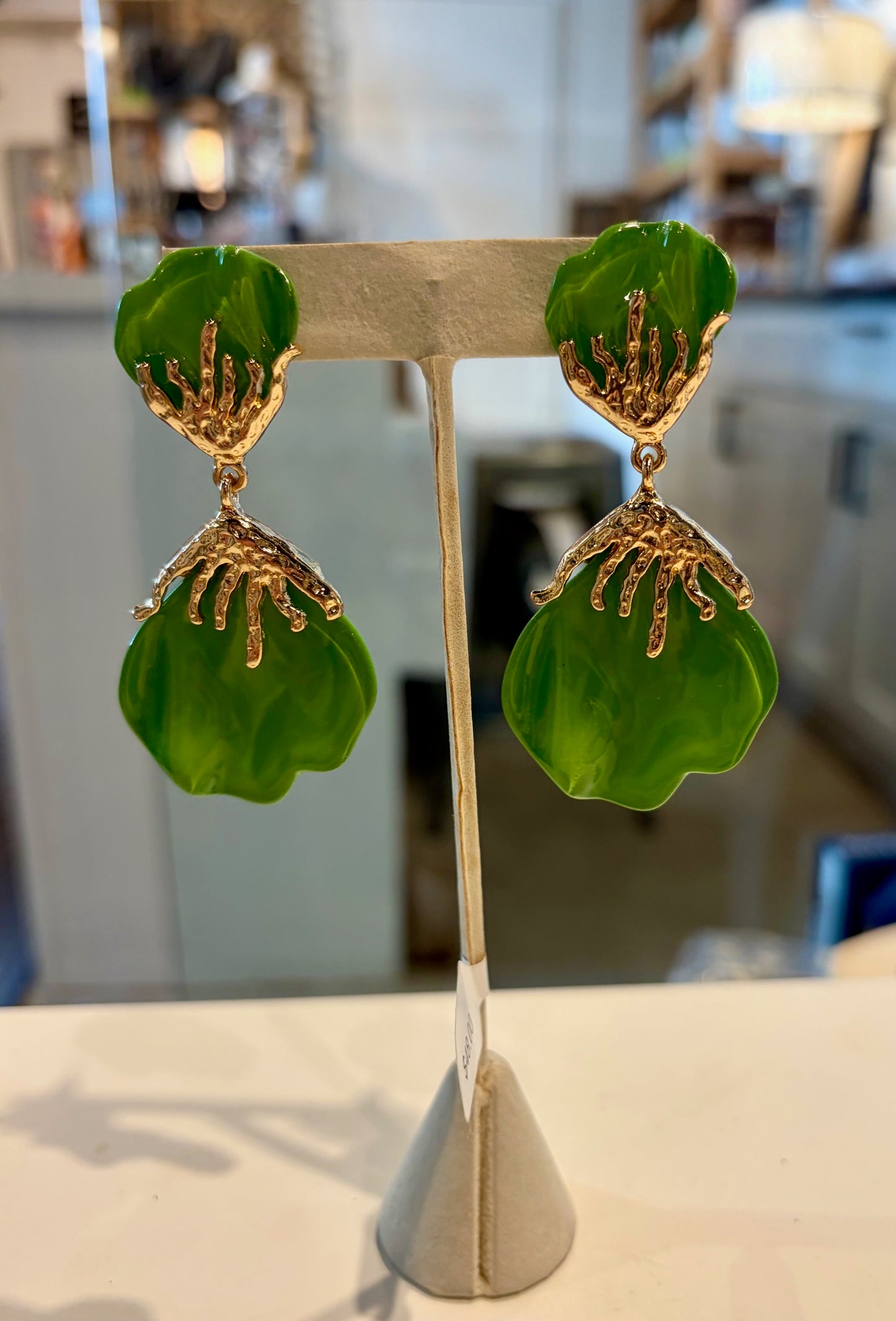 Green Flower Petal Gold Drop Earrings
