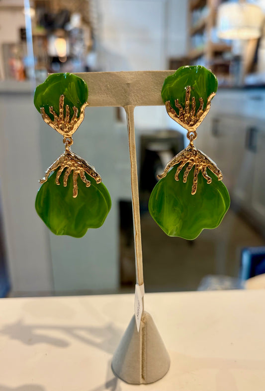 Green Flower Petal Gold Drop Earrings