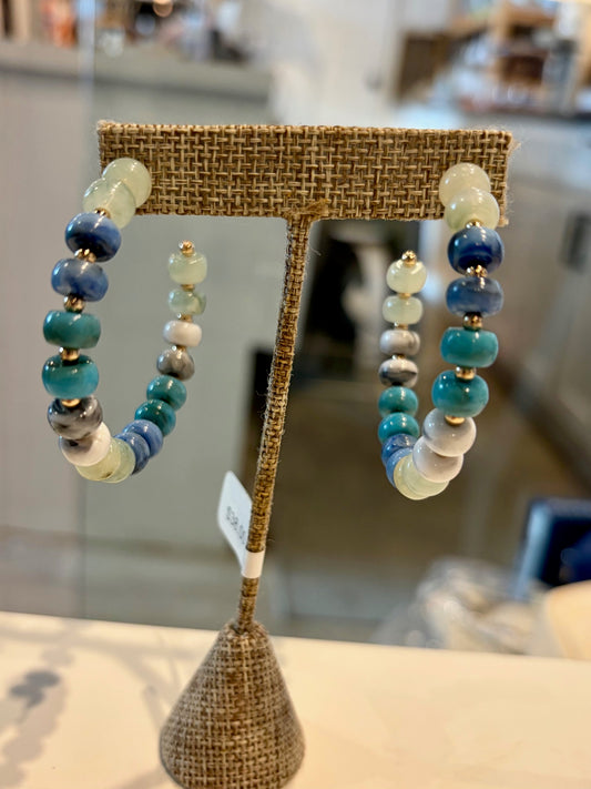 Large Blue Beaded Hoop Earrings