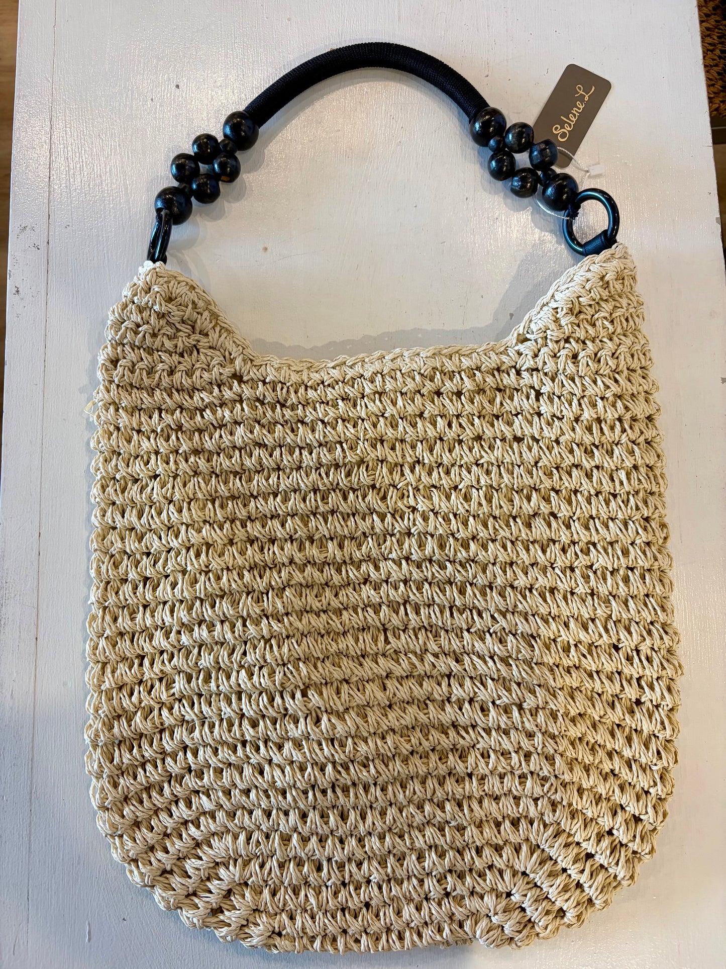 Beaded Handle Straw Bag
