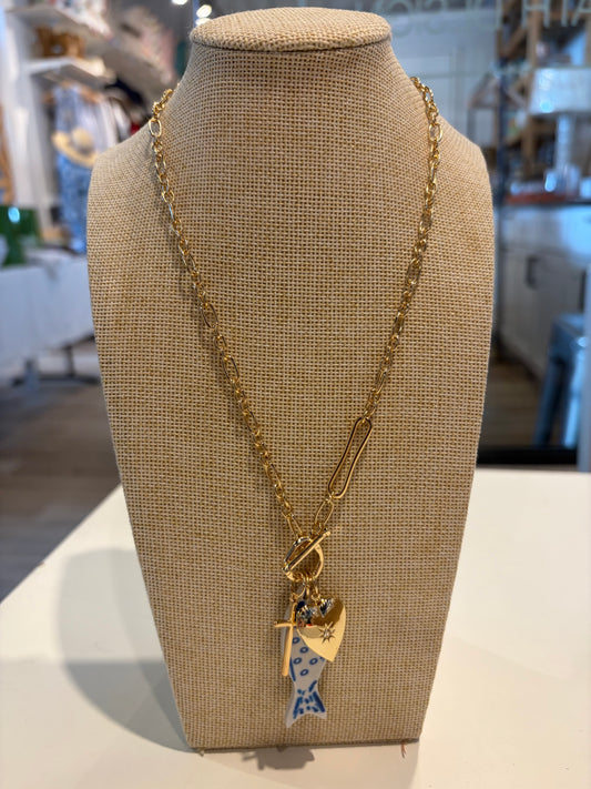 Blue Fish & Gold Charms Necklace