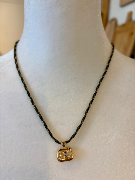 Gold & Green Pendant Cord Necklave