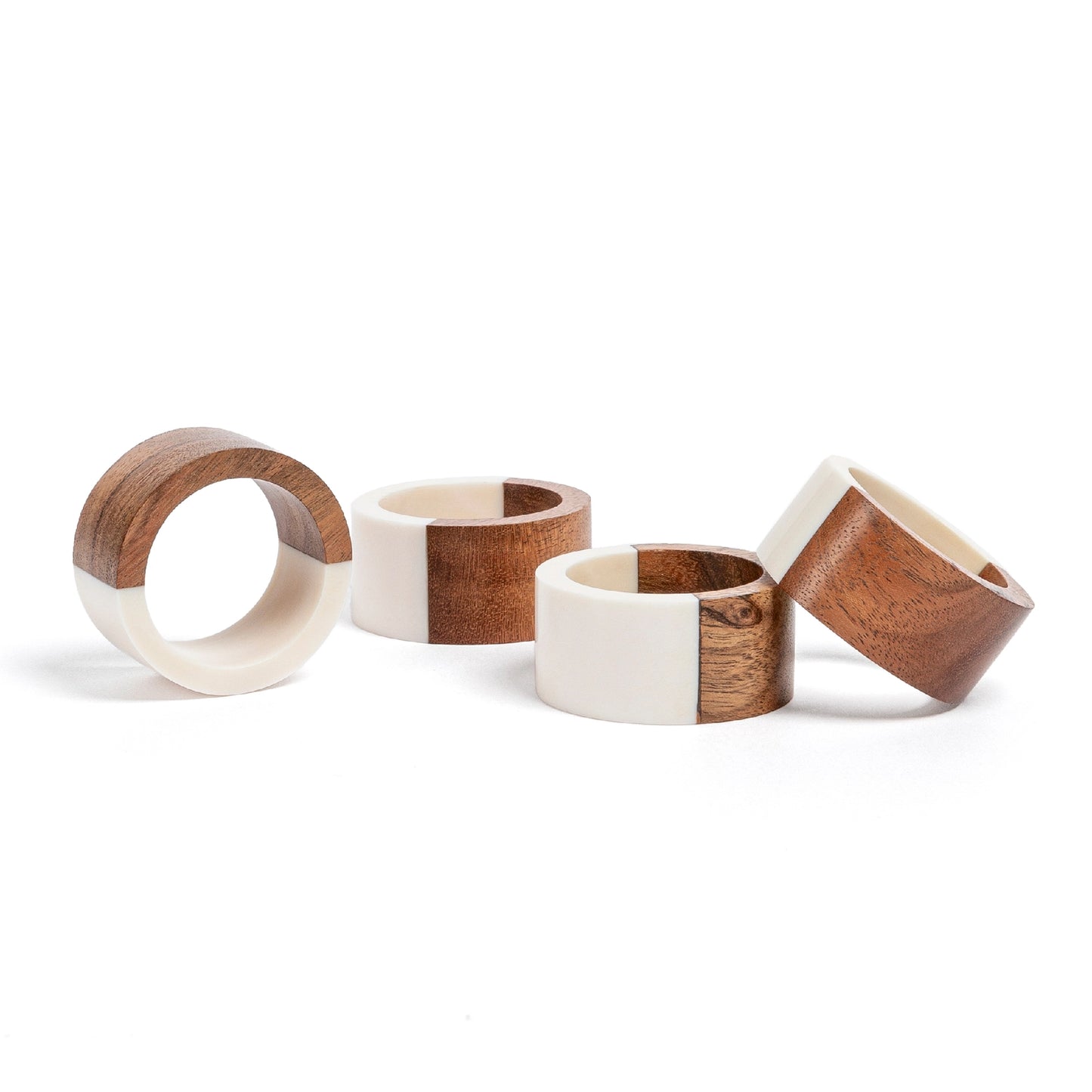 Wood & White Resin Napkin Ring - Set of Four