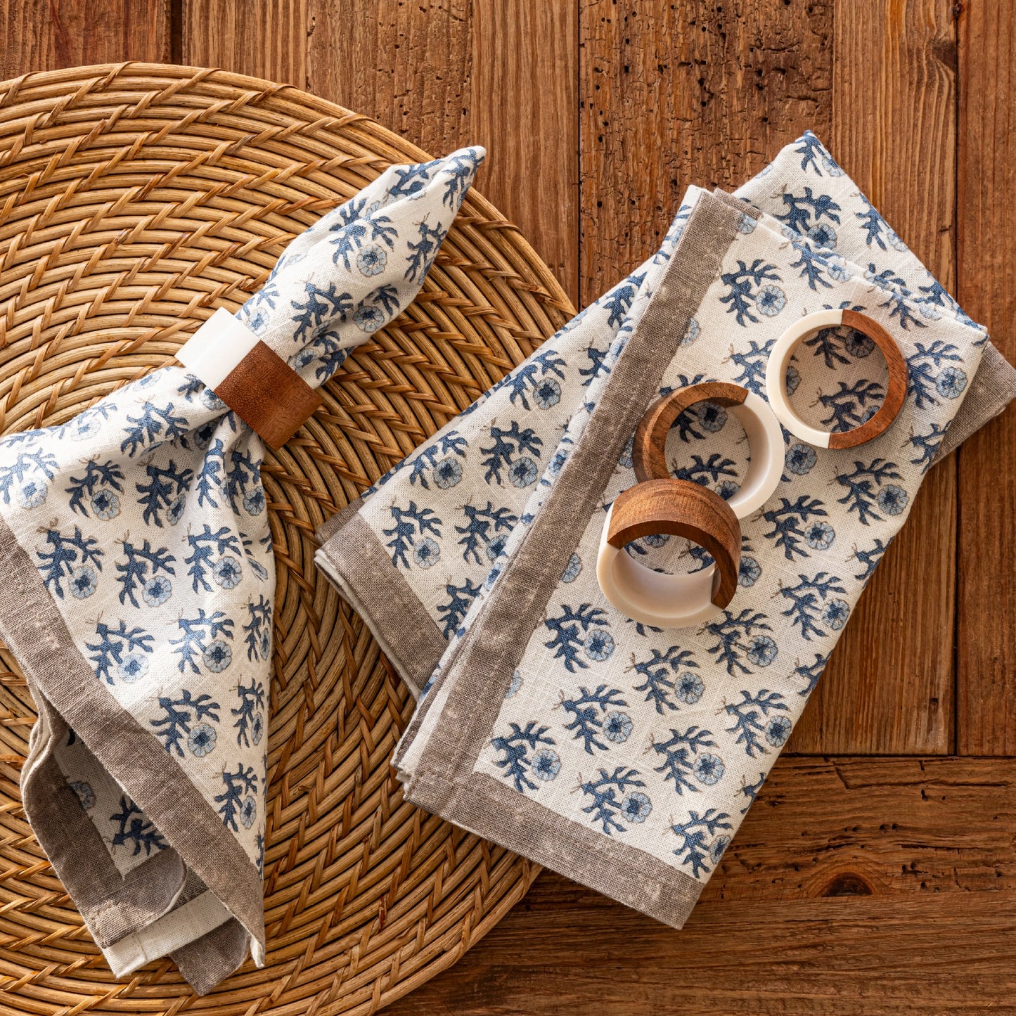 Wood & White Resin Napkin Ring - Set of Four